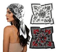 arricraft 2 Pcs Head Scarf for Women, 27.5” Large Square Satin Headscarves with Rose Flower Pattern Hair Scarf Paisley Bandana for Beach Handbag Decoration Hair Wraps (Glossy Surface)