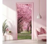 arricraft 2 Sheets Cherry Blossoms Self-Adhesive Door Sticker, 80cmx200cm/31.5x78.7inch Pink Flowers Grass Door Murals Stickers PVC Removable Wallpaper Decoration for Bedrooms Living Room