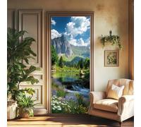 arricraft 2 Sheets Self-Adhesive Door Sticker, 80cmx200cm/31.5x78.7inch Green Forest Mountain Lake Door Murals Stickers PVC Removable Wallpaper Decoration for Bedrooms Living Room