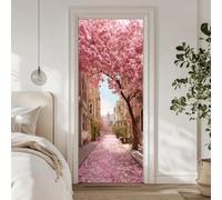 arricraft 2 Sheets Self-Adhesive Door Sticker, 80cmx200cm/31.5x78.7inch Pink Cherry Blossom Street Pattern Door Murals Stickers PVC Removable Wallpaper Decoration for Bedrooms Living Room