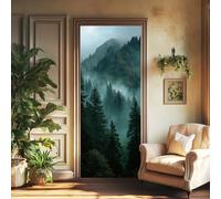 arricraft 2 Sheets Self-Adhesive Door Sticker, 80cmx200cm/31.5x78.7inch Smoky Pine Tree Mountain View Door Murals Stickers PVC Removable Wallpaper Decoration for Home Bedrooms Living Room