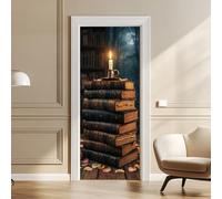 arricraft 2 Sheets Self-Adhesive Door Sticker, 80cmx200cm/31.5x78.7inch Vintage Books Candle Pattern Door Murals Stickers PVC Removable Wallpaper Decoration for Bedrooms Living Room