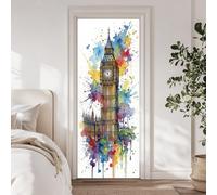 arricraft 2 Sheets Self-Adhesive Door Sticker, 80cmx200cm/31.5x78.7inch Watercolor Graffiti Big Ben Door Murals Stickers PVC Removable Wallpaper Decoration for Bedrooms Living Room