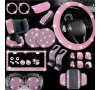arricraft 28 Pcs Bling Car Accessories Set, Include Universal Fit Steering Wheel Covers, License Plate Frames, Center Console Cover, Car Fast Charger, Shoulder Protector, Coasters (Pink)