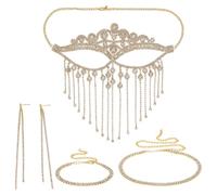 arricraft 4 Pcs Masquerade Mask for Women Rhinestone Jewelry Set, Crystal Chain Tassel Face Eye Mask Earring Bling Necklace Bracelets for Wedding Party Cosplay Costume Party