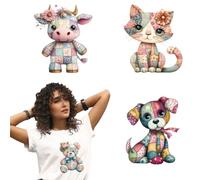 arricraft 4 Sheets Patchwork Animals Iron on Stickers, Patchwork Cow Cat Bear Dog Print Transfer Stickers Decals for DIY T-Shirt Jeans Backpacks Families Clothing Hat Decoration Applique