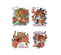 arricraft 4 Sheets Tiger Iron on Decals Patches, Fearless Words Iron on Stickers Peony Animal Heat Transfer Stickers PET Washable Appliques for DIY T Shirt Jacket Decor
