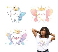 arricraft 4 Sheets Tooth Fairy Iron on Stickers, Cartoon Tooth Wings Crown Print Transfer Stickers Decals for DIY T-Shirt Jeans Backpacks Families Clothing Hat Decoration Applique