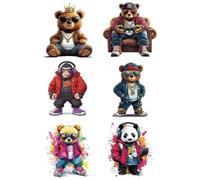 arricraft 6 Pcs Iron on Decals Patches, 6 Sizes Hip-hop Animals Iron on Stickers Fashion Bear Monkey Panda Heat Transfer Stickers Plastic Washable Patches for DIY Clothes Decor Backpacks Cover