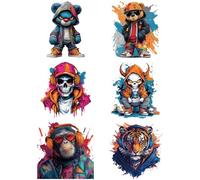 arricraft 6 Sheets Graffiti Animal Cloth Iron on Stickers, Bears Skulls Gorillas Heat Transfer Stickers Decals for DIY T-Shirt Jeans Backpacks Families Clothing Hat Decoration Applique