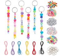 arricraft 880 Pcs Beaded Keychain Making Kit, Including Heart & Round Acrylic Seed Beads Iron Split Key Rings and Polyester Cord for DIY Making Keyring Jewelry Decor