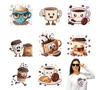 arricraft 9 Sheets Fun and Cute Coffee Iron on Decals Patches, Anthropomorphic Coffee Love Glasses Coffee Beans Transfer Stickers PET Washable Patches for DIY Clothes Decor, 8.66 inch(22cm) Long