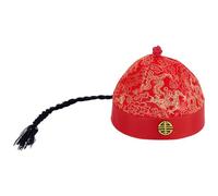 arricraft Adult Chinese Ancient Royal Emperor Hat with Long Braid, Qing Dynasty Royal Hat with Dragon Pattern Oriental Hat Party Cosplay for Asian Costume Stage Performance Dress up Photography (Red)