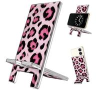 arricraft Aesthetic Acrylic Phone Stand, Pink Leopard Print Portable Desktop Stand Suitable for All Smartphones Switch Pad Tablet Office Desk Accessories, 5.5x2.7 Inch