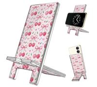 arricraft Pink Bow and Heart Shaped Cherries Aesthetic Acrylic Phone Stand | 5.5x2.7 Inch Cute Girly Style Portable Desktop Stand Suitable for All Smartphones Switch Pad Tablet Office Desk Accessories