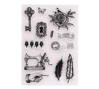 Arrietty Vintage Retro Style Sewing Machine Rose Feather Pen Postage Key Clear Stamps for Card Making Decoration and DIY Scrapbooking Tools Rubber Stamps