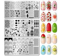 arriettycraft Fruit Nail Stamping Plates Set of 3 - Watermelon, Strawberry, Pineapple & Lemon with Plaid Checkered & French Designs for Summer DIY Nail Art Manicure Salon Supply Tools