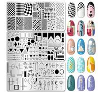 arriettycraft Geometric & Checkered Nail Stamping Plates -3D Plaid, Triangles, Circles, Lines, Swirls & Floral Elements Designs Template for DIY Manicure Nail Art Salon Tools Supply