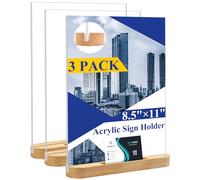 Arrobust 8.5 x 11 Acrylic Sign Holder Heavy Duty Plastic Signs Stand T Shape Clear Double Sided Flyer Display Frame Wood Base With Business Card Holder Suitable for Menu Office Events Meeting,3 Pack