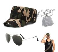 ARROMI 3 PCS Army Fancy Dress Set, Army Dog Tags, Army Accessories, Dog Tags Army, Camo Cap, For Adults Cosplay Dress up Halloween Theme Party Costume Role Play (Hat, Glasses, Hang Tag Necklace)
