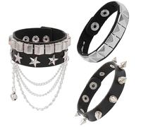 ARROMI 3 PCS Studded Bracelet, Emo Bracelet, Spiked Bracelets, Rock Studded Bracelet Spiked Leather Cuff Bracelet for Men Women 80s Wristband Adjustable Wrap Wrist Cuffs for Halloween Party