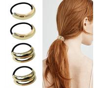 ARROMI 4 Pcs Gold Hair Cuffs, Ponytail Cuffs, Single & Double Layer Semi-Circular Elastic Headbands, Suitable for Thick Hair in Ponytails