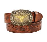 ARROMI Cowboy Belt - Brown Mens Belt with Engraved Floral Bull Head Buckle