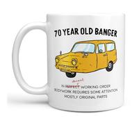Arrow Gift Co - 70th Birthday Novelty Coffee Mug, Classic Car Design, Humorous Working Order Text, White Ceramic