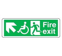 Arrow top left Fire exit - safety sign - High tack self-adhesive sticker (600mm x 200mm) Viewing Distance within 14m.