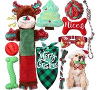 Arrowbash 10 Pack Christmas Dog Toys for Small Medium Dogs Christmas Puppy Squeaky Plush Chew Toys Treating Ball Bone Rubber and Durable Interactive Rope for Puppy Teething Adorable Gifts(Elk Style)
