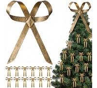 Arrowbash 13 Pcs Christmas Gold Bow Ornaments Set, Gold Metal Bow Tree Topper Decoration with Clip and 12 Bows Ornaments Hanging Decors for Xmas Tree Topper Garland Wreath Indoor Outdoor Decor