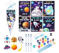 Arrowbash 24 Pack Space Party Favors Kit Astronaut Painting Crafts with Wooden Space Cards, Bubbles Wands Clear Triangle Bags Supplies Galaxy Theme Birthday Gift Classroom Activity