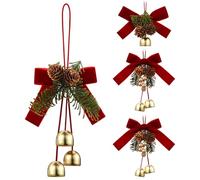 Arrowbash 4 Pcs Red Christmas Bow with Bells and Cones Xmas Tree Velvet Bow Christmas Jingle Bells Hanger Decorations with Pine Cones Pine Needles and Cowbells Ornaments for Wreath Tree Door