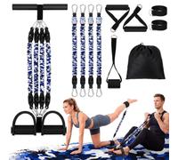 Arrowbash 4 Tube Foot Pedal Resistance Band 100lbs Adjustable Stirrup Puller Exercise Bands with Handles Ankle Cuffs Camouflage Blue Multifunction Home Gym Equipment for Men Women Full Body Workout