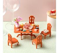 Arrowbash 40 Pieces Dollhouse Tea Party Accessories Set Include Dining Table and Chair 4 Mini Food Dinnerware Sets Fake Flower Vase Dollhouse Furniture to Host a Tea Party Food Dessert Gifts
