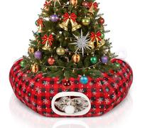 Arrowbash Christmas Cat Bed Tunnel, 3ft x 3ft x 9.8 in, Under Christmas Tree Cat Donut Tunnels Snowflake Buffalo Plaid Peekaboo Kitten Bed with Hanging Ball Decorations Cave for Xmas Tree Decor