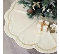 Arrowbash Ivory 48 Inch Christmas Tree Skirt Velvet Scallop Ddge | Scalloped Designer Tree Skirt, Sparkling Gold Lace Trim, Bow Tie, Faux Fur, Vintage Design, Holiday Home Decor, Luxurious