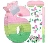 Arrowbash Number 6 Piñata Pink and Green Birthday Decorations Witch Themed Party Favor with Stick Blindfold and Confetti, Your Birth Day Gift for Kids Girls Boys, 15.9 x 11 x 2.7''