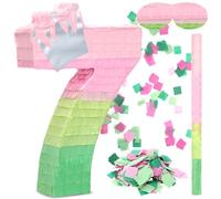 Arrowbash Number 7 Piñata Pink and Green Birthday Decorations Witch Themed Party Favor with Stick Blindfold and Confetti, Your Birth Day Gift for Kids Girls Boys, 15.9 x 11 x 2.7'