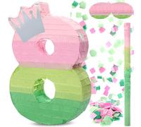 Arrowbash Number 8 Piñata Pink and Green Birthday Decorations Witch Themed Party Favor with Stick Blindfold and Confetti, Your Birth Day Gift for Kids Girls Boys, 15.9 x 11 x 2.7''