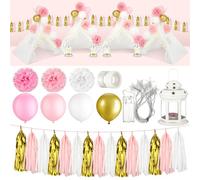 Arrowbash Set of 4 Sleepover Party Teepee Decoration Set Pyjama Party Tent Decorating Set Tissue Paper Pom Poms Latex Balloons Star LED Light Paper Tassels Garland Banner Decorative Candle Lantern