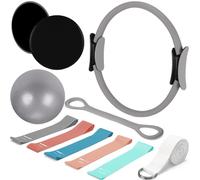 Arrowbash Set of 6 Style Pilates Home Equipment Set Pilates Essential Kit Workout Accessories 14 Magic Circle Mini Exercise Ball Yoga Strap Silicone Tension Strip Tension Band Sliding Plate(Grey)