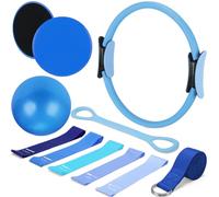 Arrowbash Set of 6 Style Pilates Home Equipment Set Pilates Essential Kit Workout Accessories 14 Magic Circle Mini Exercise Ball Yoga Strap Silicone Tension Strip Tension Band Sliding Plate(Blue)
