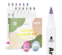 Arrtx 12 Colors Metallic Acrylic Paint Pens for Rock Painting, Extra Fine Tip Metallic Brush Marker for Rock Painting, Ceramic, Glass, Canvas, Mug, Wood, Easter Egg, Waterproof Paint DIY Crafts Making