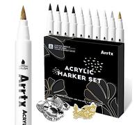 Arrtx Acrylic Paint Pens, 10 Pack Extra Brush Tip White Paint Markers Metallic for Rock Fabric Wood Glass Canvas Ceramic, 4 White 4 Black 1 Gold & 1 Silver, Water Based Ink, DIY Crafts
