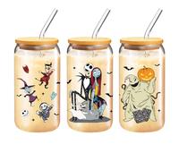 Arsemica Halloween Glass Cup for Women Men, 16 oz Glass Cup with Lids and Straws, Nightmare Christmas Coffee Drinking Mug Party Supplies, Jack Sally Nightmare Before Halloween Table Decorations