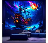 Arsey Blue Ghost Pirate Ship Tapestry Wall Hanging Glow In The Dark UV Reactive Sea Landscape Blacklight Tapestry Hippie Ocean Sailboat Tapestries Decor Bedroom Party, 200x150cm