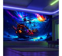 Arsey Blue Ghost Pirate Ship Wall Tapestry UV Reactive Tapestry Glow In The Dark Sea Landscape Blacklight Tapestry Hippie Ocean Sailboat Extra Large Tapestries Decor Bedroom, 300x180cm