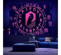 Arsey Norse Viking Red Blacklight Tapestry UV Reactive Raven Meditation Runes Neon tapastry's wall hanging Black Light Posters Glow In the Dark Tapestries Aesthetic for Bedroom Room Decor 200 x 150CM