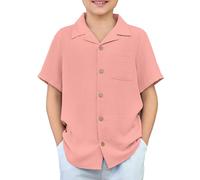 Arshiner Boy Button-Down Shirts Cuban Collar Summer Kids Short Sleeve Basic Solid School Shirts Casual Fashion Uniforms Shirts for Boys 11-12 Years Pink